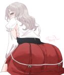  1girl armpit_cutout ass ass_focus blurry blurry_foreground blush brown_eyes clothing_cutout dated from_behind grey_hair hair_between_eyes highres kantai_collection long_hair long_sleeves looking_back pola_(kancolle) red_skirt shishanmo signature simple_background sitting skirt solo wavy_hair white_background 