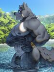  adastra adastra_(series) amicus_(adastra) anthro canid canine canis echo_project fur hi_res male mammal muscular muscular_anthro muscular_male raccoon21 solo tail water wet wolf 