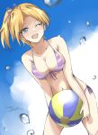  1girl asymmetrical_hair ball beachball bikini blonde_hair blue_eyes front-tie_bikini_top front-tie_top gakky hair_ribbon kantai_collection looking_at_viewer maikaze_(kancolle) navel one-hour_drawing_challenge one_eye_closed parted_bangs ponytail purple_bikini ribbon short_hair side-tie_bikini_bottom solo striped striped_bikini swimsuit water_drop 