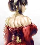 1girl backless_dress backless_outfit black_hair breasts dress earrings hairband jewelry large_breasts looking_to_the_side median_furrow muscular muscular_female red_eyes solo spy_x_family the_golden_smurf white_background yor_briar 