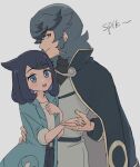  1boy 1girl :d age_difference black_hair blush cape coat cowlick green_coat green_eyes hair_ornament hairclip height_difference hetero holding_hands liko_(pokemon) nm222 open_clothes open_coat open_mouth pokemon pokemon_(anime) pokemon_horizons shirt shorts smile spinel_(pokemon) white_background 