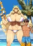  1boy 1girl abs bare_shoulders barghest_(fate) barghest_(swimsuit_archer)_(fate) barghest_(swimsuit_archer)_(final_ascension)_(fate) beach biceps bikini blonde_hair blue_shorts blue_sky blush breasts brown_hair bulge cleavage collarbone fate/grand_order fate_(series) fingerless_gloves gloves green_eyes gun highres horns huge_breasts long_hair looking_at_viewer multicolored_bikini multicolored_clothes muscular muscular_female navel nimuno_(munimuni) palm_tree shore short_hair shorts sky swimsuit tan thick_thighs thighs tree v variant_set weapon white_bikini yellow_gloves 