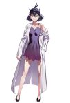  1girl absurdres antenna_hair black_clover black_clover:_sword_of_the_wizard_king black_dress black_footwear black_hair bob_cut closed_mouth coat dress full_body glasses highres kisany lab_coat looking_at_viewer red_eyes secre_swallowtail simple_background single_bare_shoulder solo thighs white_background white_coat 