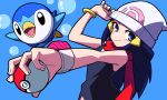  1girl beanie blue_background blue_eyes blue_hair dawn_(pokemon) dress hat highres holding holding_poke_ball long_hair looking_at_viewer open_mouth piplup poke_ball poke_ball_(basic) pokemon pokemon_(creature) pokemon_(game) pokemon_dppt red_scarf scarf simple_background sleeveless sleeveless_dress smile white_headwear yachima_tana 