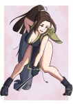  1girl :d absurdres alternate_color breasts brown_eyes cleavage commentary_request fatal_fury folded_fan folding_fan full_body haldeco hand_fan highres holding holding_fan japanese_clothes leaning_forward long_hair ninja pelvic_curtain ponytail revealing_clothes rope shiranui_mai smile solo the_king_of_fighters thighs 