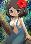  1girl absurdres animal_crossing bare_arms bare_shoulders blue_overalls breasts brown_eyes brown_hair closed_mouth collarbone covered_nipples eyelashes flower hair_flower hair_ornament hibiscus highres in_tree looking_to_the_side medium_breasts muramasa_mikado naked_overalls navel overalls palm_tree red_flower sitting sitting_in_tree smile solo swept_bangs tree villager_(animal_crossing) 