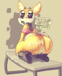  aggretsuko antelope anthro big_butt black_pupils boots bottomwear bovid bra butt clothing english_text exclamation_point female footwear gazelle high_heeled_boots high_heels huge_butt kneeling looking_back mammal open_mouth panties pupils question_mark sanrio shirt sixsidesofmyhead skirt solo speech_bubble text thomson&#039;s_gazelle topwear torn_clothing true_antelope tsunoda_(aggretsuko) underwear yellow_body yellow_eyes 