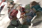  1girl 2boys 91007 axe battle blood boyd_(fire_emblem) brothers brown_hair commentary_request detached_arm fire_emblem fire_emblem:_path_of_radiance green_hair hand_in_another&#039;s_hair headband holding holding_axe medium_hair mist_(fire_emblem) multiple_boys protecting rolf_(fire_emblem) short_hair siblings slashing surprised tearing_up tears wide-eyed 
