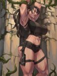  1girl abs armpits arms_up belt belt_buckle biceps black_belt bound bound_arms breasts brown_hair buckle crop_top day feet_out_of_frame from_side gloves green_eyes holster huge_breasts impossible_clothes impossible_shirt lara_croft lips long_hair looking_down messy_hair micro_shorts midriff muscular muscular_female otoko_no_ko outdoors parted_lips ruins shirt short_shorts shorts sleeveless sleeveless_shirt solo standing stomach sweat tank_top thick_arms thick_thighs thigh_holster thigh_strap thighs tomb_raider two-tone_shirt two-tone_shorts xxoom 