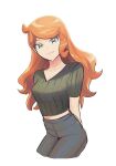  1girl aqua_eyes aqua_shirt blue_pants breasts collarbone commentary_request hair_down highres kamiemonsan long_hair medium_breasts midriff_peek no_eyewear orange_hair pants pokemon pokemon_(game) pokemon_swsh ribbed_shirt shirt short_sleeves solo sonia_(pokemon) swept_bangs v-neck 