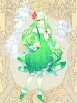  1girl 3others bag bow colored_skin dairoku_ryouhei dress flower fur-trimmed_footwear fur-trimmed_sleeves fur_trim ghost green_dress green_eyes green_footwear green_hair green_nails green_skin hair_flower hair_ornament hair_over_one_eye handbag heterochromia long_hair long_sleeves looking_at_viewer multiple_others pepper_tone red_eyes red_flower standing very_long_hair yellow_background 