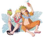  2boys animification barefoot blonde_hair blue_eyes butters_stotch drinking_straw fingernails hand_on_another&#039;s_shoulder hand_on_own_knee hawaiian_shirt jewelry kenny_mccormick kibstar male_focus missing_tooth multiple_boys necklace one_eye_closed sandals scar scar_across_eye shirt short_sleeves shorts sleeves_rolled_up smile soles south_park toenails toes topless_male 