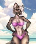  2023 anthro beach bikini black_nose breasts brown_eyes canid canine clothed clothing day detailed_background digital_media_(artwork) eyebrows eyelashes female fur grey_body grey_fur hair hi_res kristiana_puff looking_at_viewer mammal midriff navel outside sand seaside shoreline sky smile standing swimwear water white_hair 