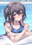  1girl :&lt; black_hair blue_one-piece_swimsuit blush breasts chain-link_fence chiro_(norishiro_michiro) cleavage closed_mouth collarbone crossed_arms crossed_bangs day fence hair_between_eyes highres large_breasts long_hair looking_at_viewer multicolored_hair nose_blush one-piece_swimsuit one_side_up original outdoors partially_submerged people pool purple_eyes raised_eyebrows school_swimsuit sidelocks solo_focus streaked_hair swimsuit tearing_up water wet wet_clothes wet_hair 