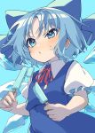  1girl absurdres blue_background blue_bow blue_dress blue_eyes blue_hair blush bow cirno collared_shirt detached_wings dress e_sdss fairy fingernails food frilled_sleeves frills hair_bow highres holding holding_food ice ice_wings parted_lips popsicle puffy_short_sleeves puffy_sleeves shirt short_hair short_sleeves simple_background solo touhou upper_body white_shirt wings 