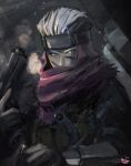  1boy arc_the_lad arc_the_lad_ii facepaint forehead_protector gloves gun handgun holding holding_gun holding_weapon knife looking_at_viewer magmastudio male_focus ninja red_scarf scarf shu_(arc_the_lad) solo weapon 