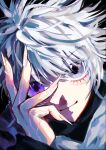  1boy alternate_eye_color blue_eyes dutch_angle fingernails gugu_l00 hair_between_eyes hand_on_own_face heterochromia highres hunter_x_hunter killua_zoldyck looking_at_viewer male_focus purple_eyes sharp_fingernails shirt short_hair smile solo upper_body veins veiny_hands white_hair white_shirt 