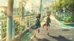  2girls absurdres animal_ears black_hair blue_skirt brown_hair building city commentary_request fox_ears fox_mask fox_tail hayateluc highres holding_hands house manhole_cover mask multiple_girls original outdoors park pleated_skirt power_lines railing road road_sign running scenery school_uniform shirt short_hair sign simple_background skirt sunlight tail traffic_mirror tree utility_pole vanishing_point white_shirt window 