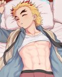  1boy abs blonde_hair forked_eyebrows kimetsu_gakuen kimetsu_no_yaiba long_sleeves male_focus male_underwear marotoskin multicolored_hair muscular muscular_male navel non-web_source open_clothes open_shirt pillow red_hair red_male_underwear rengoku_kyoujurou sleeping tank_top underwear white_tank_top 