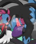  2023 amedama12321 anal anal_penetration black_body black_fur blue_body blush bodily_fluids countershading cum cum_in_slit digital_drawing_(artwork) digital_media_(artwork) duo erection eye_contact from_front_position fur generation_5_pokemon generation_6_pokemon genital_fluids genitals grey_background head_hands hi_res hydreigon looking_at_another lying male male/male missionary_position multi_head musk_clouds nintendo noivern on_back open_mouth penetration penis pokemon pokemon_(species) purple_body purple_countershading red_eyes sex simple_background teal_wings tongue tongue_out white_body white_fur wings yellow_eyes 