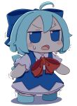  1girl absurdres ahoge blue_bow blue_dress blue_eyes blue_footwear blue_hair blush_stickers bow cirno collared_shirt dress fairy fumo_(doll) hair_bow highres ice ice_wings kame_(kamepan44231) open_mouth pinafore_dress red_ribbon ribbon shirt shoes short_hair short_sleeves simple_background sleeveless sleeveless_dress solo standing sweat touhou trembling white_background white_shirt wings 