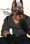  anthro bottomwear brown_body brown_eyes brown_fur canid canine canis canyne_khai_(character) clothing dessert domestic_dog doughnut dress_shirt fingerless_gloves food fur german_shepherd gloves hair handwear herding_dog hi_res looking_at_viewer male mammal meiutrola multicolored_body multicolored_fur muscular muscular_anthro muscular_male pants pastoral_dog shirt simple_background sitting solo topwear white_background white_hair 