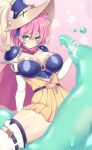  1girl aqua_eyes armor ass_visible_through_thighs belt boobplate breasts cape commentary dress elbow_gloves english_commentary genkai_tokki_moero_chronicle gloves gradient_background hair_between_eyes hat highres large_breasts lindaroze looking_at_viewer pink_background pink_hair red_cape shoulder_armor slime_(creature) spread_legs starry_background thighhighs thighs twitter_username web_address white_gloves yellow_dress 