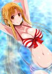  1girl absurdres armpits arms_behind_head asuna_(sao) bikini breasts brown_eyes brown_hair closed_mouth collarbone highres island_(kossori) large_breasts long_hair looking_at_viewer navel partially_submerged red_bikini smile solo striped striped_bikini swimsuit sword_art_online very_long_hair water 