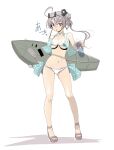  1girl absurdres ahoge aircraft airplane akitsushima_(kancolle) bikini bottle breasts commentary_request flying_boat full_body grey_hair h8k highres kantai_collection long_hair looking_at_viewer medium_breasts nishikitaitei-chan purple_eyes purple_hair sandals shadow side_ponytail swimsuit tada water_bottle white_background white_bikini 