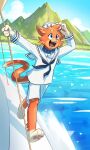  4_fingers anthro biped blue_eyes clothed clothing collar domestic_cat efiarts eyebrows fangs felid feline felis fingers fur fur_tuft head_tuft hi_res inner_ear_fluff male mammal open_mouth open_smile orange_body orange_fur pawpads sailor_uniform smile solo tail teeth tuft water whiskers 