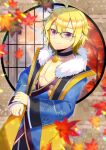  1boy ahoge autumn_leaves black_choker blonde_hair blue_kimono blurry blurry_foreground choker closed_mouth commentary_request commission crescent depth_of_field glasses hair_between_eyes indie_virtual_youtuber japanese_clothes kakeru_michi kimono kou_hiyoyo leaf long_sleeves looking_at_viewer male_focus maple_leaf purple_eyes round_window skeb_commission sleeves_past_wrists smile solo virtual_youtuber wide_sleeves window 