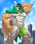  2023 4:5 absurd_res anthro avian bird bulge city clothing decidueye digital_media_(artwork) entrapment feathers generation_7_pokemon genital_outline green_body green_feathers hi_res looking_down macro maldu male mammal muscular muscular_male nintendo owl pokemon pokemon_(species) solo speedo swimwear trapped_in_clothing trapped_in_underwear white_body wings 