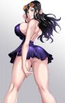  1girl ass black_hair blue_eyes breasts cleavage dress eyewear_on_head highres huge_breasts large_breasts long_arms long_hair nico_robin one_piece panties puripuri_jet sideboob simple_background solo sunglasses underwear upskirt white_panties 