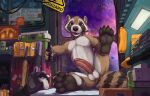  absurd_res alcohol anthro bad_dragon beverage boots brown_body clothing detailed_background drunk erection feet fluffy fluffy_tail foot_fetish foot_focus footwear fur genitals guardians_of_the_galaxy hi_res looking_at_viewer male mammal marvel mestisoart multicolored_body multicolored_fur paws pecs penis presenting procyonid raccoon red_eyes rocket_raccoon sitting sock_fetish socks solo space substance_intoxication tail two_tone_body two_tone_fur vein veiny_penis 
