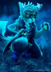  anthro canid canine cloak clothing deer fog forest fox green_eyes green_paws hair hi_res hybrid legwear light male mammal messy_hair moonlight plant smile smirk solo takomishadow thigh_highs tree 