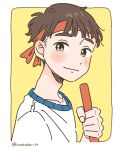  1boy border brown_eyes brown_hair closed_mouth headband highres light_blush light_smile looking_at_viewer male_focus original red_headband relay_baton shirt short_hair simple_background smile solo twitter_username upper_body wakaba_maekawa white_border white_shirt yellow_background 