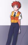  1girl absurdres against_wall arms_behind_back collared_shirt gloves highres izumi_noa jeff_miga kidou_keisatsu_patlabor leaning_back looking_to_the_side necktie orange_hair pants police police_uniform purple_eyes shirt short_hair short_sleeves shoulder_patches smile solo uniform vest vest_over_shirt white_shirt yellow_vest 