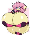  absurd_res anthro areola audino big_breasts big_butt blue_sclera blush breasts butt cleavage clothed clothing female generation_5_pokemon hair hi_res huge_breasts huge_butt huge_thighs hyper hyper_breasts hyper_butt hyper_thighs nintendo phone pink_hair pokemon pokemon_(species) quote_the_audino signature solo standing text thick_thighs white_eyes woebeeme yellow_body 