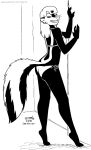  2018 anthro bikini black_and_white breasts butt clothed clothing ear_piercing ear_ring female fur grin hair kelly_o&#039;dor looking_back mammal mephitid monochrome piercing pinup pose ring_piercing skunk smile solo striped_skunk swimwear tail tegerio zandar&#039;s_saga 