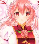  1girl breasts bun_cover chinese_clothes commentary_request double_bun flower hair_between_eyes hair_bun highres ibaraki_kasen large_breasts long_hair marker_(medium) pink_flower pink_hair pink_rose portrait red_eyes rose solo suzu_(o_o1219) tabard touhou traditional_media 