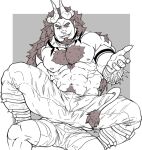 2boys abs bara beckoning body_fur bulge bulge_to_ass come_hither curled_horns ein_(yulci) facial_hair feet_out_of_frame frkdragmire goatee highres horns large_pectorals lion_tail lip_piercing long_hair male_focus monster_boy multiple_boys muscular muscular_male navel_hair nipples original outstretched_hand pants pectorals piercing pointy_ears power_bottom reaching_towards_viewer seductive_smile short_hair sideburns smile spikes stomach straddling tail thick_eyebrows thick_thighs thighs topless_male torn_clothes torn_pants yaoi 