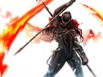  1boy black_bodysuit bodysuit cape capitano_(genshin_impact) dual_wielding facing_viewer feet_out_of_frame fire fur-trimmed_cape fur_trim genshin_impact gwinshin hat helmet highres holding holding_polearm holding_weapon male_focus mask muscular muscular_male polearm simple_background snow solo tassel weapon white_background 