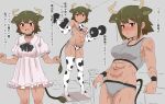  1girl abs absurdres alternate_costume animal_ears animal_print arm_support aurochs_(kemono_friends) bikini black_choker breasts brown_eyes brown_hair buruma choker closed_mouth commentary_request cow_ears cow_girl cow_horns cow_print cow_tail cowboy_shot dark-skinned_female dark_skin dress dumbbell empty_eyes exercise extra_ears fingernails frilled_dress frills full_body gloves green_hair hands_up highres horizontal_pupils horns kemono_friends kumasyan1998 leaning_back legs_apart light_smile medium_breasts medium_hair multicolored_hair multiple_views navel open_mouth parted_bangs parted_lips pink_dress print_bikini print_gloves print_thighhighs short_dress side-tie_bikini_bottom sports_bra sportswear standing stomach sweat swimsuit tail thighhighs toned translation_request weightlifting weights wristband 