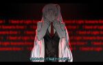  1girl angela_(project_moon) black_skirt black_vest blue_hair coat collared_shirt covering_face despair hands_on_own_face hands_up lab_coat lobotomy_corporation long_hair necktie nishikujic one_side_up project_moon red_necktie shirt skirt solo spoilers very_long_hair vest white_coat white_shirt 