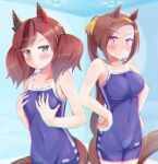  2girls animal_ears blue_one-piece_swimsuit blush breast_envy breasts brown_hair chromatic_aberration closed_mouth commentary covered_navel cowboy_shot ear_covers ear_ornament frown green_eyes hair_ribbon hair_tie hairband hands_on_own_chest hands_on_own_hips highres horse_ears horse_girl horse_tail huziiro_matutya long_bangs long_hair looking_at_viewer medium_breasts medium_hair multicolored_hair multiple_girls nice_nature_(umamusume) one-piece_swimsuit orange_ribbon pink_eyes ponytail ribbon sakura_bakushin_o_(umamusume) school_swimsuit side-by-side small_breasts smile standing streaked_hair swept_bangs swimsuit tail tracen_swimsuit twintails umamusume very_long_hair yellow_hairband 