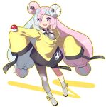 1girl blue_hair bow-shaped_hair character_hair_ornament grey_footwear grey_pantyhose hair_ornament hexagon_print highres iczdb iono_(pokemon) jacket long_hair looking_at_viewer low-tied_long_hair magnemite multicolored_hair oversized_clothes pantyhose pink_eyes pink_hair poke_ball pokemon pokemon_(game) pokemon_sv sharp_teeth single_leg_pantyhose sleeves_past_fingers sleeves_past_wrists smile teeth twintails two-tone_hair very_long_hair very_long_sleeves yellow_jacket 