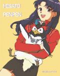  1girl bird character_name earrings green_eyes holding hug jacket jewelry katsuragi_misato neon_genesis_evangelion open_mouth penguin penpen purple_hair red_jacket shiso7110 teeth twitter_username upper_teeth_only 