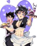  1boy 1girl abs alternate_costume animal_ear_fluff animal_ears apron back_bow behind_another bell belt bikini bikini_top_only black_hair blank_eyes blue_eyes blush bow breasts cake cherry choker covered_nipples crop_top dragon_ball dragon_ball_z earrings english_commentary enmaided food fruit furrowed_brow head_tilt heart highres holding holding_plate jewelry lipstick_mark lipstick_mark_on_face long_sleeves looking_at_viewer maid medium_breasts midriff navel neck_bell nose_blush omelet omurice open_mouth parfait plate puffphox puffy_short_sleeves puffy_sleeves revealing_clothes shirt short_hair short_sleeves skirt son_gohan stomach strawberry swimsuit toned tongue tongue_out twitter_username vest videl waist_apron waitress 