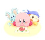  :d artist_name bandana bandana_waddle_dee blue_bandana blue_eyes blush blush_stickers brown_eyes commentary_request crayon drawing eighth_note elfilin holding holding_crayon kirby kirby_(series) looking_at_viewer maxim_tomato musical_note nasubino_(ramowarabi) no_humans notice_lines one_eye_closed open_mouth paper simple_background sitting smile twitter_username white_background 