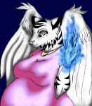  anthro belly big_breasts blue_eyes breasts clothed clothing danellz digital_media_(artwork) feathered_wings feathers felid female fur magic mammal nipple_outline pantherine pregnant solo striped_body striped_fur stripes talbona tiger white_body white_fur wings 